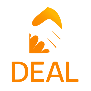 DEAL logo, with graphic representing parts of 2 hands towards each other