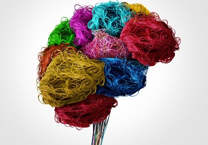 Representation of brain & stem using sewing and textile threads