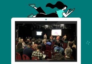 Photo of conference speakers/audience, on a graphic of a laptop with woman looking at device